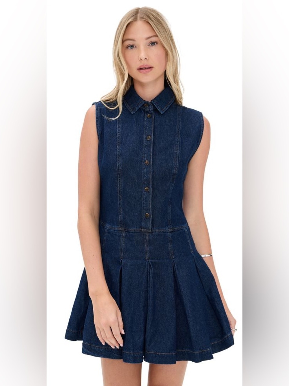 Avec Les Filles Dark Blue Denim Sleeveless Collared Mini Dress